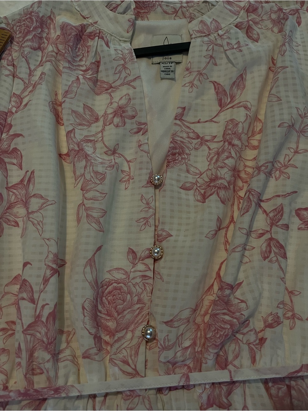Joie Pink White Floral Long Sleeve Tiered Dress Ruffle Neck Tie Waist - Size XS - Picture 8 of 11